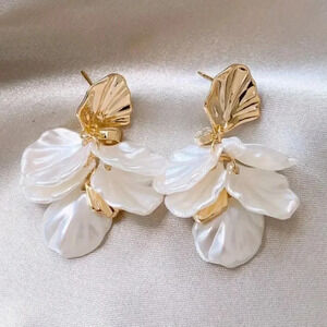 Gold Tone Earrings - Faux Pearl Petal Accents - Stud Style with Drop